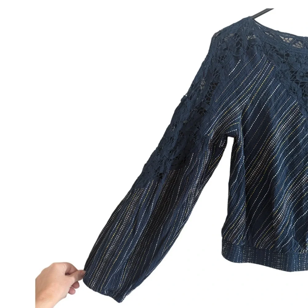 Free People Floating Memories Navy Crochet Cotton Lace Balloon Sleeve Top Small